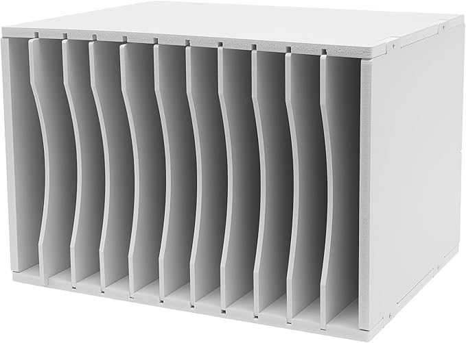 GUEYYSAN Vertical File Storage Rack, 11-Compartment Desktop Sorter Documents Box with Removable Shelves for Studios Office (White)