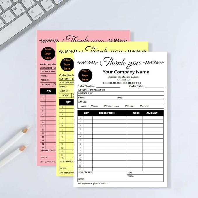 Personalized Invoice Book Custom 2 Part/3 Part Receipt Book Quote Estimate Order Forms Carbonless Form with Your Company Name Logo Address,2-10 Books (Style 13)