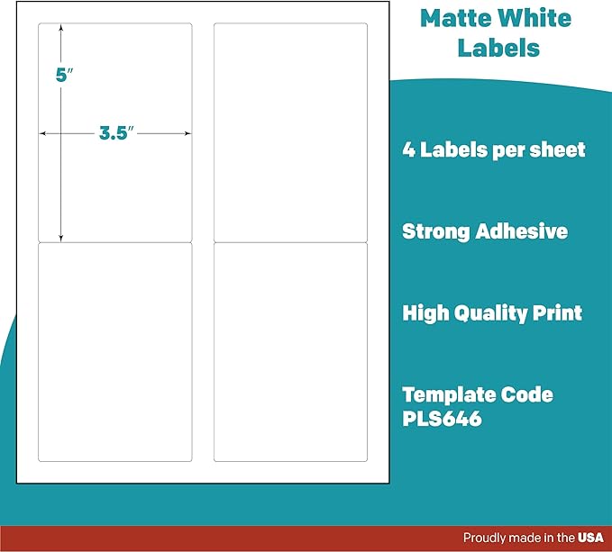 Premium Label Supply White Sticker Mailing/Shipping Labels – 3.5" x 5" – Laser/Inkjet Compatible – (4 per Sheet), 25 Sheets - 100 Total Adhesive Labels