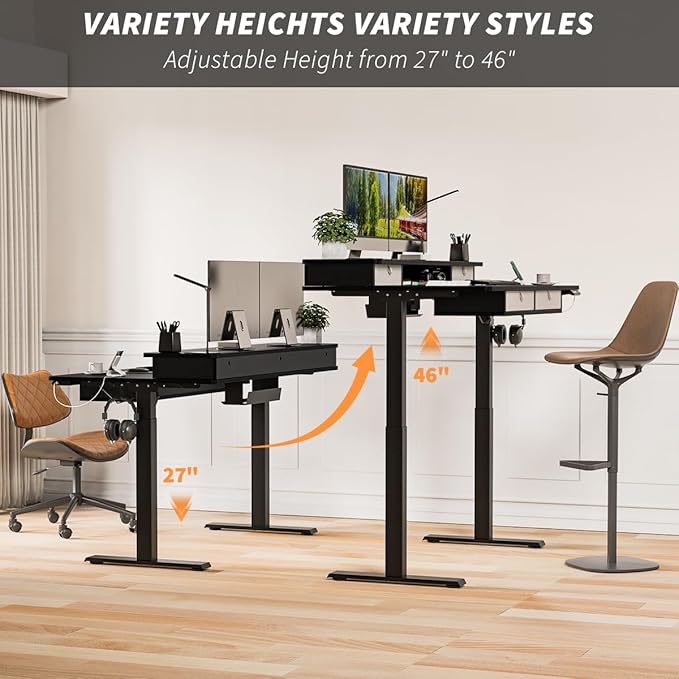Kingant 48 x 30 Inch Electric Standing Desk with 4 Drawers, Adjustable Height Computer Desk for Home Office, Large Workstation Sit Stand Up Desk with Built-in USB A/C Charging Ports, Black