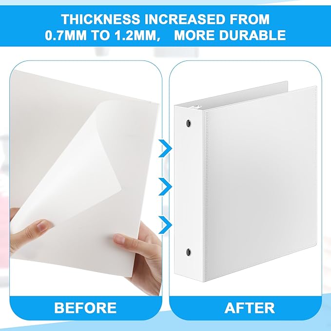 Henoyso 12 Pcs 3 Ring 1 Inch Binders Fits 8.5 x 11 Inch Letter Size Paper, Plastic White Flexible Binders with View Cover and 2 Pockets, 175 Sheets Capacity for Office School