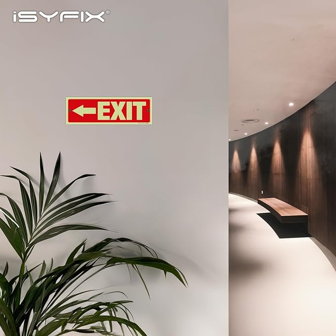 iSYFIX Exit Signs with Directional Left Arrow - 2 Pack 12x4 Inch Glow in the Dark for Business, School, Office, Warehouse - Durable 40 Mil Polystyrene, UV Laminated, Waterproof, Scratch & Fade Resistant