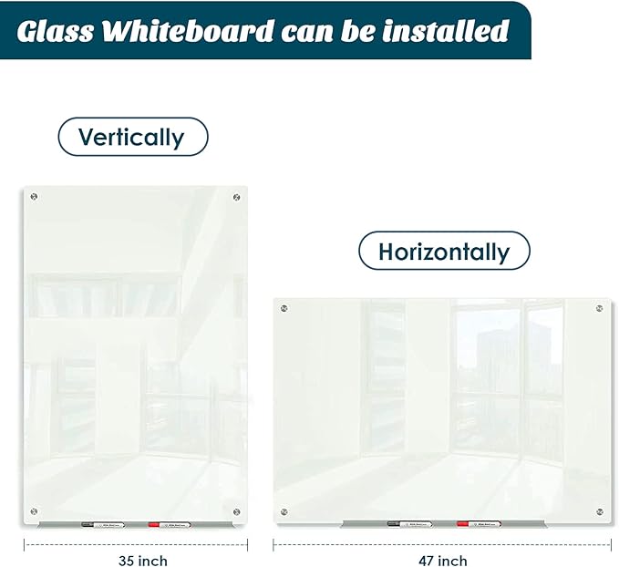 J&J worldwide Glass Whiteboard 47"x35", Magnetic White Board Glass Dry Erase Board Large Frameless Glass White Board for Office, Home & School with Marker Tray & Markers