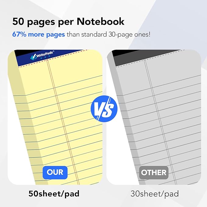 WritePads Legal Pad 8.5"x14" Note Pad,Wide Ruled Writing Pad,Canary Paper,6 Pack,50 Sheets Per Pad,Micro perforated Notepad,Made in the USA