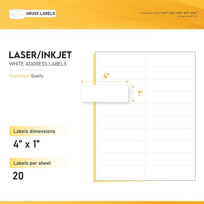 HOUSELABELS 20-up Shipping Labels (4" x 1") for Laser and Inkjet Printers, 2,000 Sheets