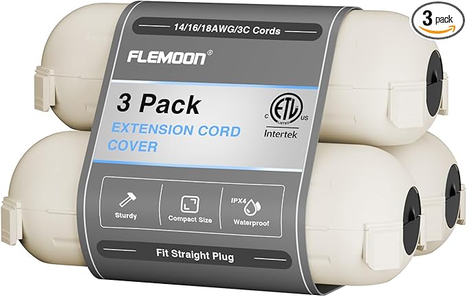 Flemoon [3 Pack] Outdoor Extension Cord Safety Cover with Waterproof Seal, Weatherproof Electrical Connection Box for Outdoor Outlet, Plug, Socket, Halloween, Christmas Holiday Decoration Light, White