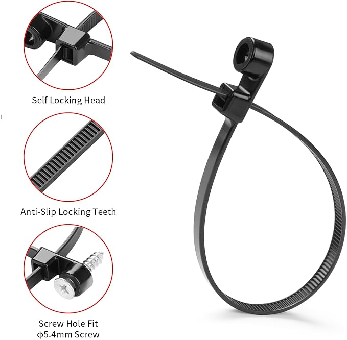 MasiStranth 200 PCS 14 inch Black Zip Ties with Screw Hole 70lbs Mountable head Cable Ties Straps Multipurpose Heavy Duty Nylon Cable Zip Ties with Screw Mounting Hole