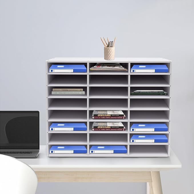 24 Slots Mail Sorters for Office, Desktop Literature Organizer with Removable Shelves, PVC Mail Center Paper Storage Cabinet for Files Magazines Documents, 9 * 2.6in Each Slot (24 Slots - White)