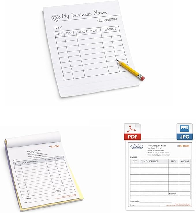 Custom Carbonless Invoice Book with Logo, Personalized Cover & Inner Pages, 2 Part NCR Receipt & Work Order Forms, Easy Tear, Writing Shield for Small Business (Upload Your Design, 11.8x8.3INCH)