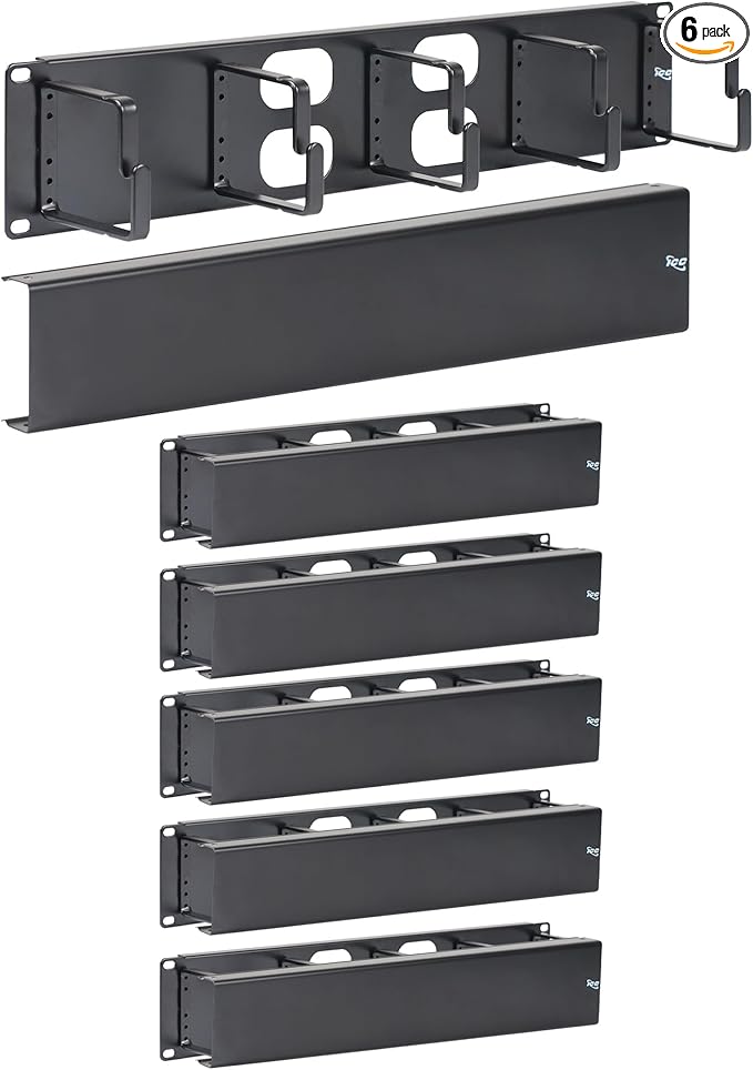 ICC 2U Ring Cable Manager Panel with Cover, Metal, 3" D-Rings, Horizontal Cable Management, Rackmount for 19” Network Racks, Black, 6-Pack