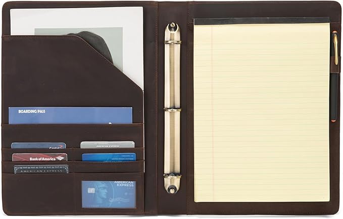 Geslun Genuine Leather 3 Ring Binder, 8.5 x 11 Letter Size Folio with Pen Holder, Soft Notebook Portfolio Cover, Slim Notepad Padfolio Thin File Organizer for Work Executive Meeting, Dark Brown