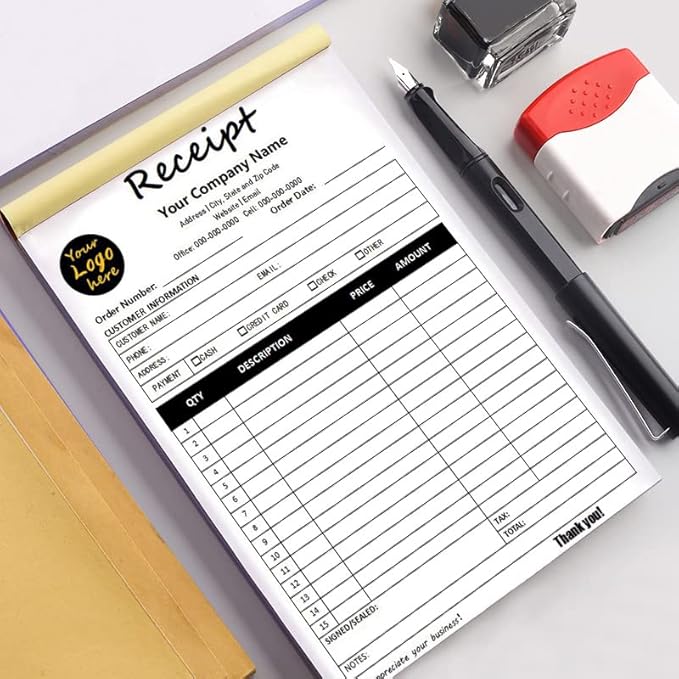 Custom Carbonless Sales Invoice Form Books for Small Business, Personalized NCR 2-Part Receipt Book with Carbon Copies, Cover Add Company Name, Address and Number Printed