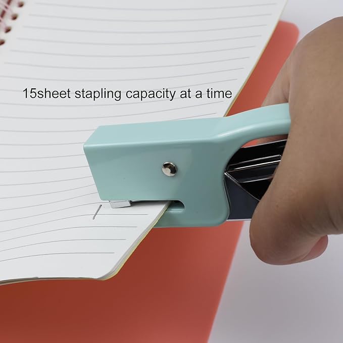 Aacehlh Small Hand-held Stapler Set, 15 Sheet Capacity, Includes 750Pcs Staples and A Staple Remover, Mini Desktop Stapler for Office, School, Home or Travel Use. (Pink)