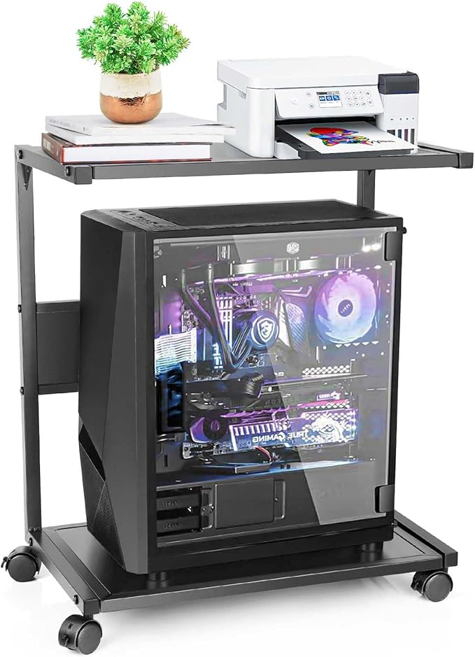 Bfttlity PC Stand Computer Tower Stand 2-Tier Metal CPU Holder with Locking Caster Wheels Suitable for Most PC (Black, L)