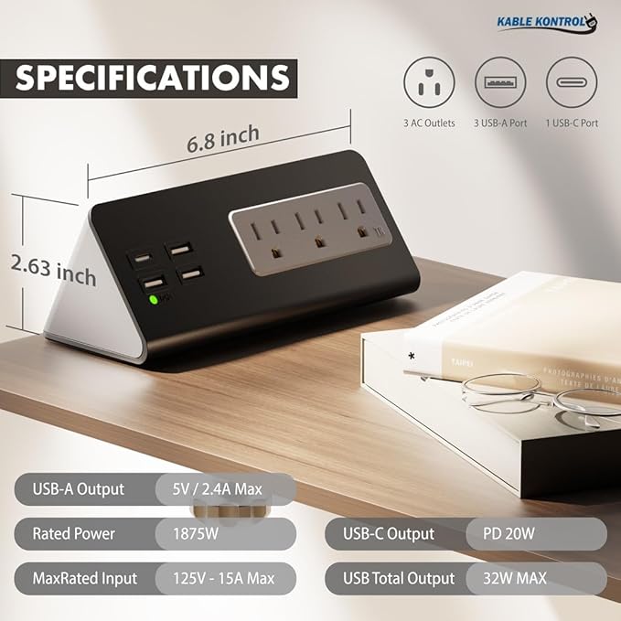 Kable Kontrol Desk Clamp Power Strip with USB-C Port, Nightstand Charging Station, 3 AC Outlets, 3 USB-A Ports, Fast Charger, Easy Installation for Home, Offices, Hotels – 4.9 Ft, White, 400 Pcs