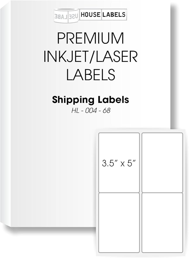HOUSELABELS 4-up Shipping Labels (3-1/2" x 5") for Laser and Inkjet Printers, 200 Sheets