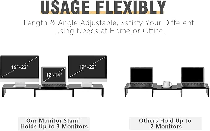 TAVR Dual Monitor Stand Riser Office Desktop Organizer Stand for 2 Monitors, Adjustable Length and Angle 3 Shelf, Extra Long Multifunctional Stand up to 43.3" fit Computer, Laptop, TV, Black