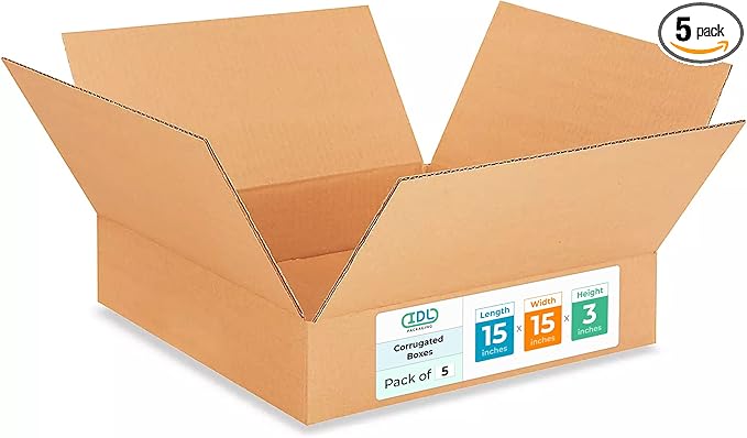 IDL Medium Moving & Shipping Boxes - 5-Pack, 15 x 15 x 3 inches, Extra Strength 200 lb Corrugated Packing Boxes