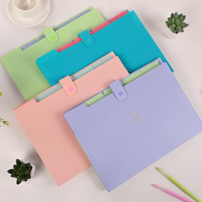 SKYDUE 4 Packs Expanding File Folder with 32 Labels,5 Pockets A4 Letter Size Accordion Folder Paper Organizer for School and Office
