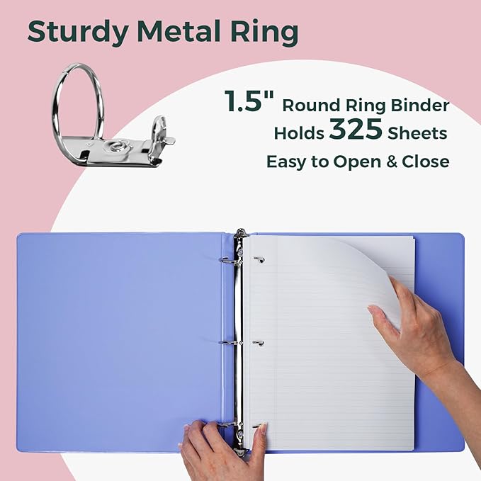 POPRUN 3 Ring Binder 1.5 Inch, PVC-Free, Holds 325 Sheets of 8.5 x 11 Paper, Extra Durable Organizer with 2 Pockets for School & Office, Heavy-Duty, 4 Pack, Pink