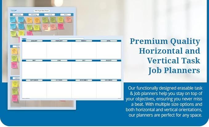 Sky Blue 12 Section Task, Objective and Goals Planning System Horizontal 32" Tall x 48" Wide. Wall Tray, Dry-Erase Marker, Eraser and 600 Sticky-Notes