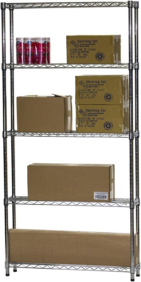 Shelving Inc. 8"D x 36"W x 84"H Chrome Wire Tiered Shelf with 5 Shelves, 800lbs Capacity Each, NSF Certified