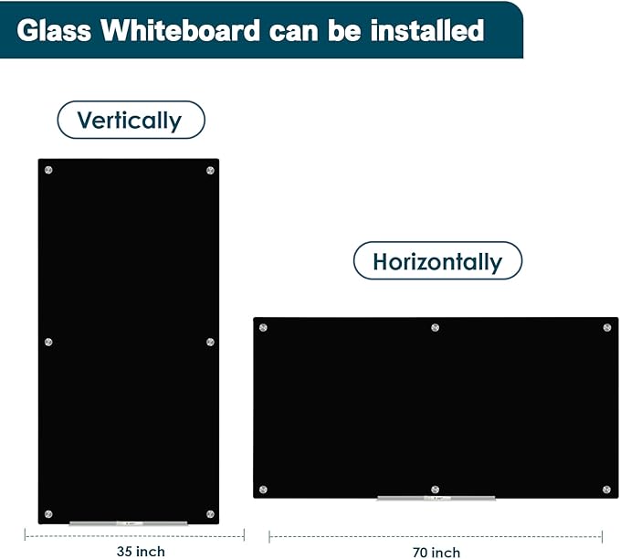 J&J worldwide Magnetic Black Glass Whiteboard 6' x 3', 70 x 35 Inches Large Frameless White Boards for Walls, Large Dry Erase Board for Office, Home, School