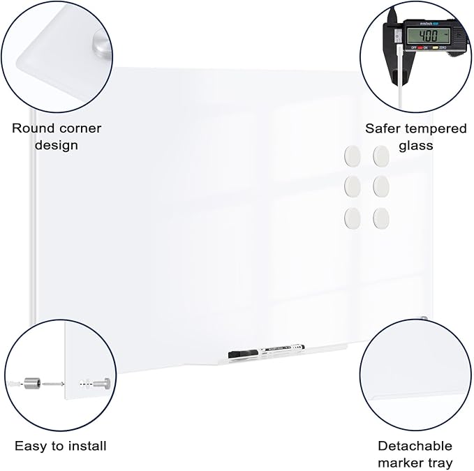 Magnetic Glass Whiteboard, 24" x 18" Dry Erase Board for Wall, Frameless White Board with 1 Marker Tray and 3 Magnets for Office, Home, Classroom -Ultra White