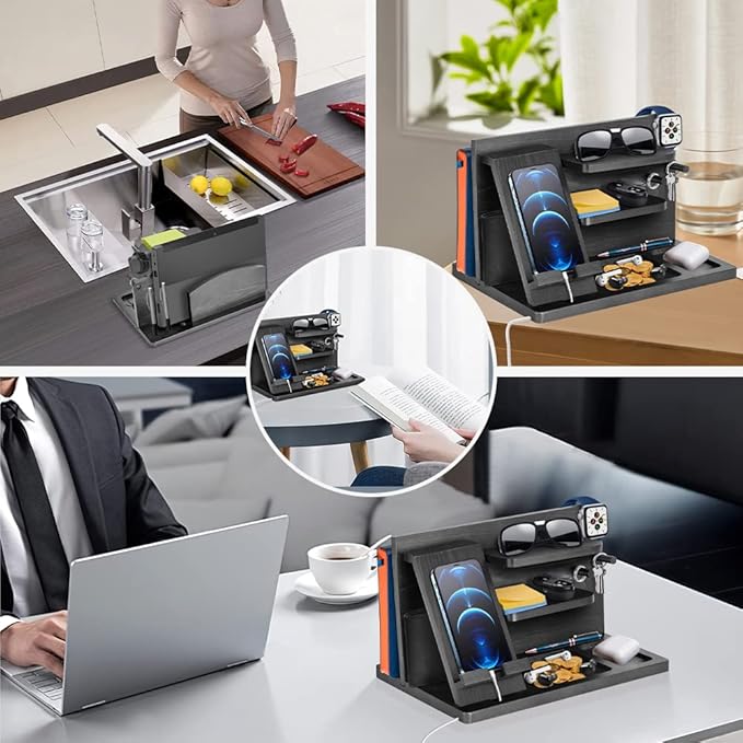 Gifts for Men Bedside Organiser Wood Phone Docking Station Dad Birthday Gifts for Him Nightstand Key Wallet Watch Stand Mens Gifts for Xmas Presents for Dad Husband Boyfriend Anniversary & Christmas