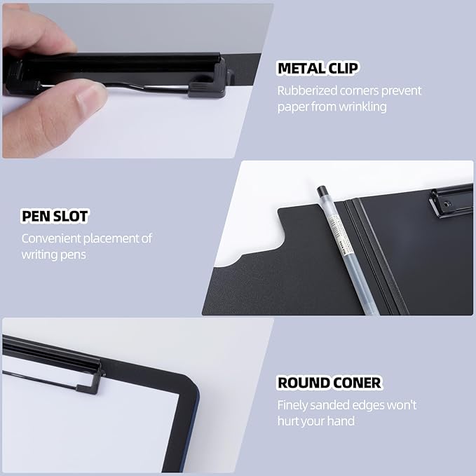 FRETONBA Clipboard Folder, A4 Foldable Clipboard with Horizontal and Vertical Double Metal Clips, 360 Degree Foldable Binder Clipboards with Pen Holder, File Cover Work Folder Clipboards, Blue
