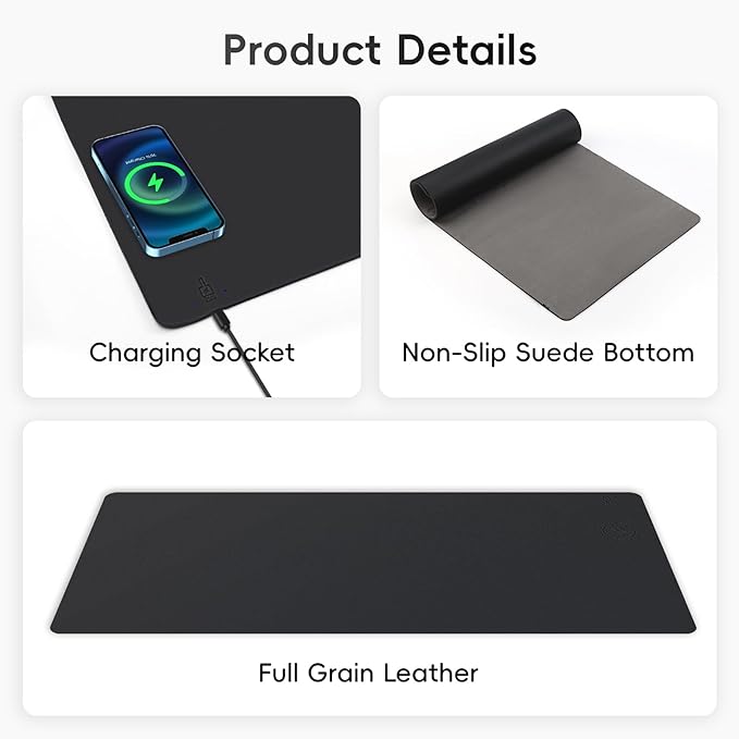 Mouse Pad with Wireless Charging, PU Leather Fast Charging Gaming Mouse Pad, Waterproof Anti-Slip Surface, Easy Clean Office Table Mat, 32L x 16W x 0.15H inches, Black(Right Side Charging Port)