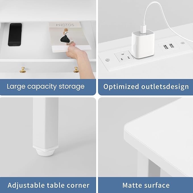 Edbuosy 3 Wooden Drawers Night Stand, 27 Inch Wide Nightstand with Charging Station and Adjustable Drawers, Small Dresser for Closet, Bedside Table for Living Room/Bedroom/Office, White.