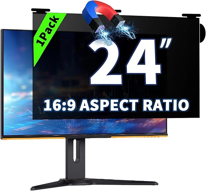 24 Inch Magnetic Hanging Computer Privacy Screen for 16:9 Widescreen Monitor, Removable Privacy Screen Anti Glare Blue Light Computer Screen Privacy Shield, Anti-Scratch 24in Protector Film
