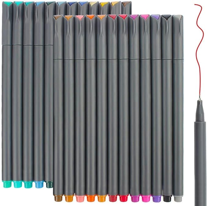 Taotree 24 Fineliner Color Pens, Fine Line Colored Sketch Writing Drawing Pens for Journaling Planner Note Taking Adult Coloring Books, Porous Fine Point Markers, Office Teacher Art Supplies