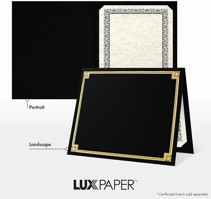 LUXPaper 9.5" x 12" Certificate Holders | Black Linen | Embossed Gold Foil Border | 100lb. Cover | 250 Qty