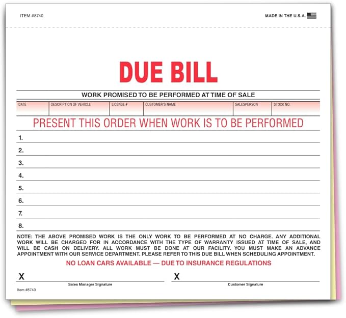Vehicle Due Bill Form - 3-Part Carbonless Snap-Out 8.5 x 7.75 Car Dealership Service Agreement Forms, Auto Repair Vehicle Documentation Forms NCR - White, Canary, Pink - Pack of 400