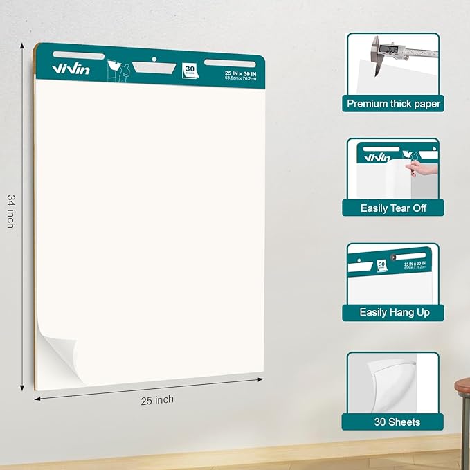 ViVin Super Sticky Easel Pad, 25 x 30 Inches Flip Chart Paper for Teachers, Large Self Stick Easel Paper, Teacher Anchor Chart, 30 Sheets/Pad, 12 Pads/Pack