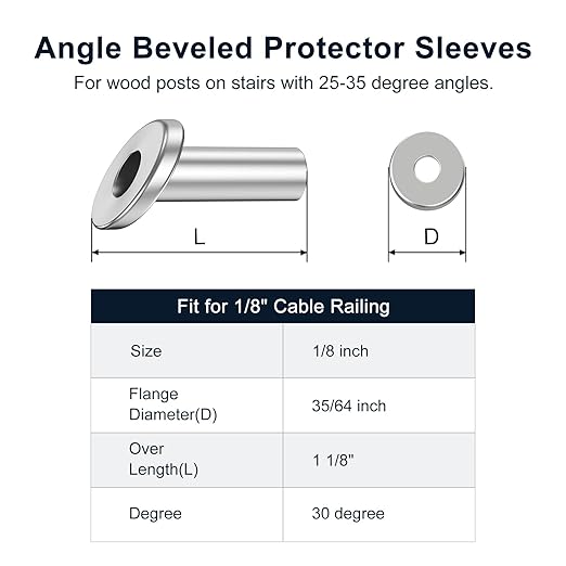 BLIKA 40 Pack 25 30 35 Degree 1/8" Angle Beveled Protector Sleeves, Angled Post Protector for 1/8" Cable Railing, T316 Stainless Steel, 30 Degree Angle Beveled Protector Sleeves