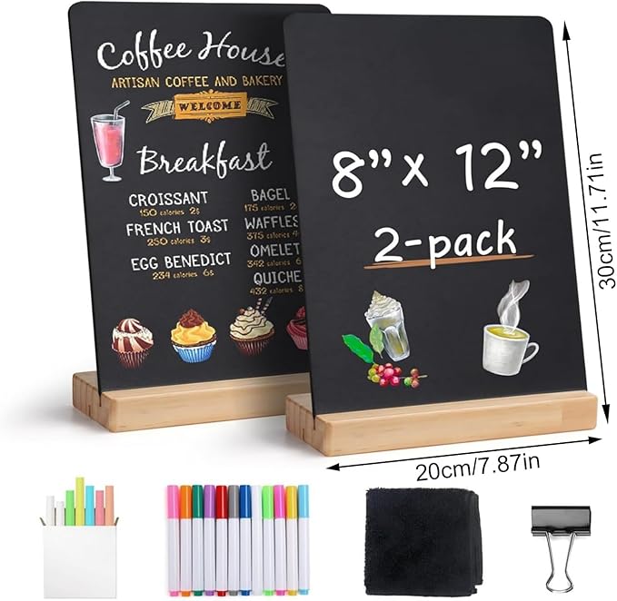 Double-Sided 8x12Inch Chalkboard with Wood Stand Erasable Memo Board for Home Office Classroom Decor & Daily Organization Desktop Chalkboard Set