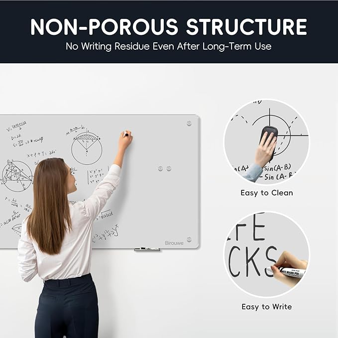 Magnetic Glass Whiteboard - Glass Dry Erase Board 48"x36" Large Frameless Glass Board for Walls Office School and Home, Gray