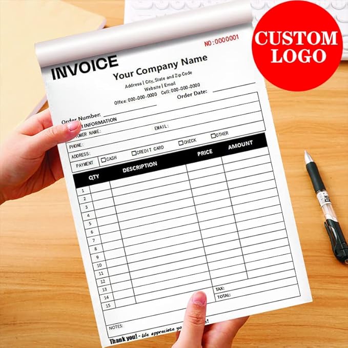 Custom Carbonless Sales Invoice Form Books for Small Business, Personalized NCR 3-Part Receipt Book with Carbon Copies, Cover Add Company Name, Address and Number Printed