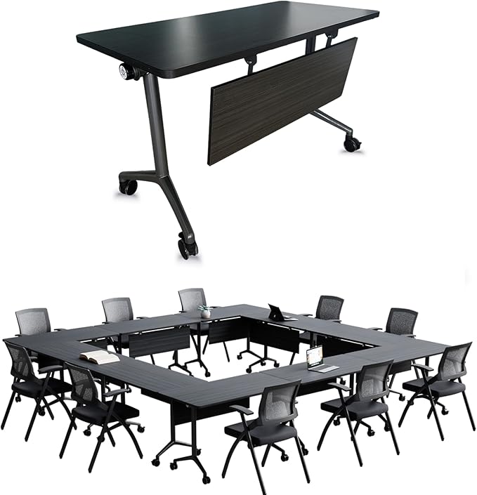 Goakwwuz Conference Room Table, Folding Conference Tables,Thicken Grey Tabletop,Flip Top Wooden Seminar Meeting Room Table for Conference Room Offices (2, BlackWoodGrain, 55.1”)