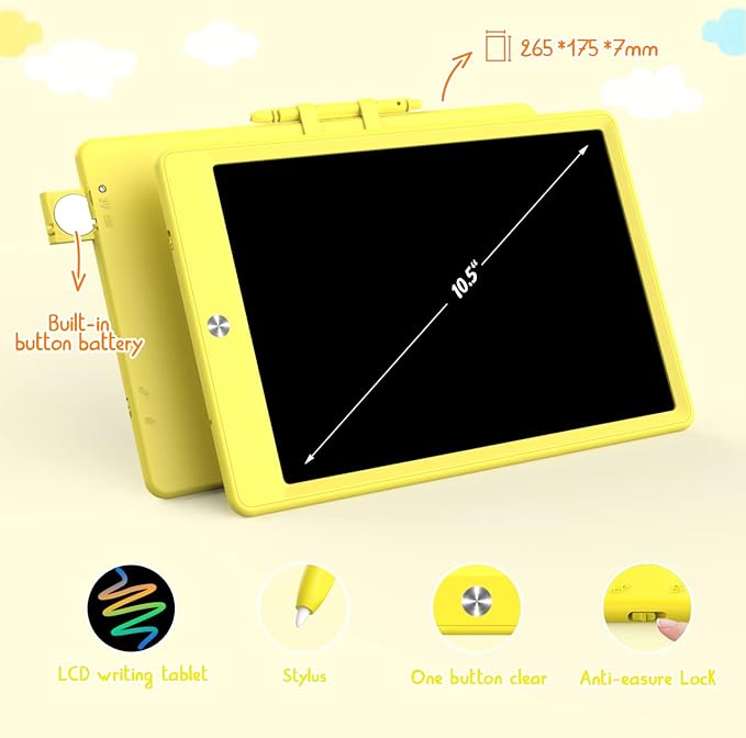 BUKEBU LCD Writing Tablet Doodle Board, Colorful Drawing Pad, Electronic Drawing Tablet, Drawing Pads,Travel Gifts for Kids Ages 3 4 5 6 7 8 Year Old Girls Boys (10.5 inch, Yellow+Yellow)