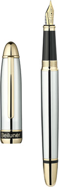 BEILUNER 315 Silver Chrome Fountain Pen,Stunning Luxury Pens with 24K Gold Accents, Gorgeous 24K Gilded Nib(Fine), Ink Converter,Fancy Pen Gift for Men&Women-Elegant, Office, Writing, Nice Design