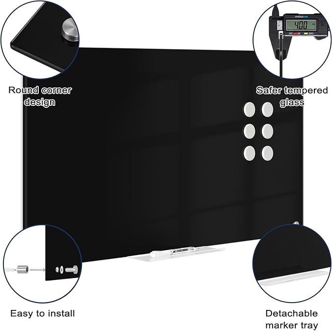 Black Dry Erase Board, 36" x 24" Magnetic Glass Whiteboard for Wall, Black Glass White Board with 1 Marker Tray and 3 Magnets for Office, Home, Classroom
