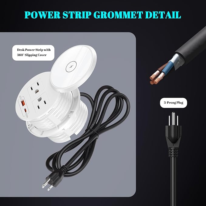 PD 20W USB C Desk Power Grommet with 15W Wireless Charger Cover, Recessed Power Strip with 18W USB A and 2 AC Outlets,Hidden Power Outlets with 6FT Cords for Office, Home, Conference(White)