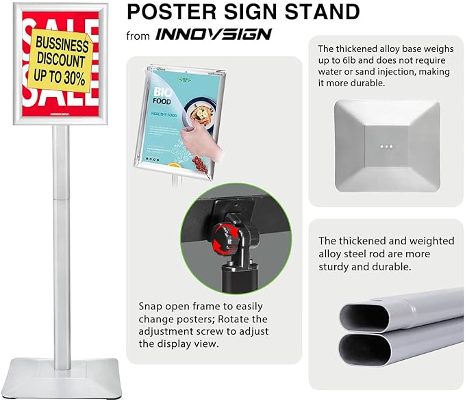 INNOVSIGN 3Packs Heavy Duty Adjustable Pedestal Poster Sign Stand, 8.5x11 Aluminum Open Floor Standing Sign Holder for Vertical and Horizontal View Display (8.5x11,Silver)