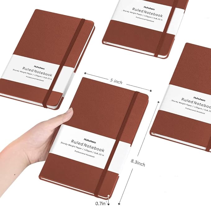 Huhuhero Notebooks Journal, Ruled Notebook, Premium Thick Paper Lined Journal, Black Hardcover Notebook for Office Home School Business Writing Note Taking Journaling, 5"×8.25" (5, Brown)