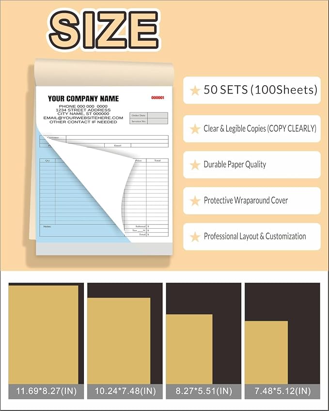 Custom Carbonless Invoice Book with Logo, Personalized Cover & Inner Pages, 2 Part NCR Receipt & Work Order Forms, Easy Tear, Writing Shield for Small Business (Upload Your Design, 7.48 x 5.12INCH)