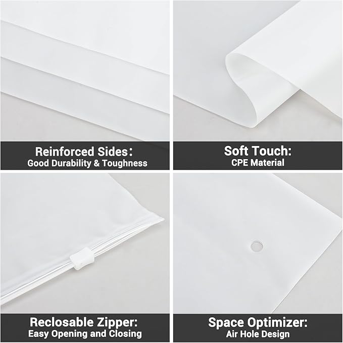 Svaldo Clothing Bags, 100 Count 20x28 inch Jumbo Extra Large Frosted Zipper Plastic Bags for Clothes, Sweater Dress, Backpack, Blanket, T Shirt Packaging Shipping, 3 Mil, with Vent Holes